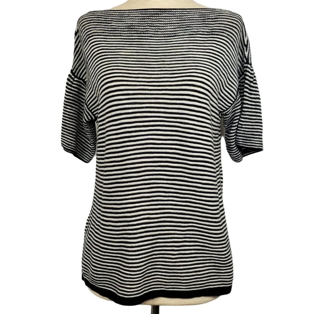 Loft Womens sweater sz XSP Petites black & white stripes short sleeve knit